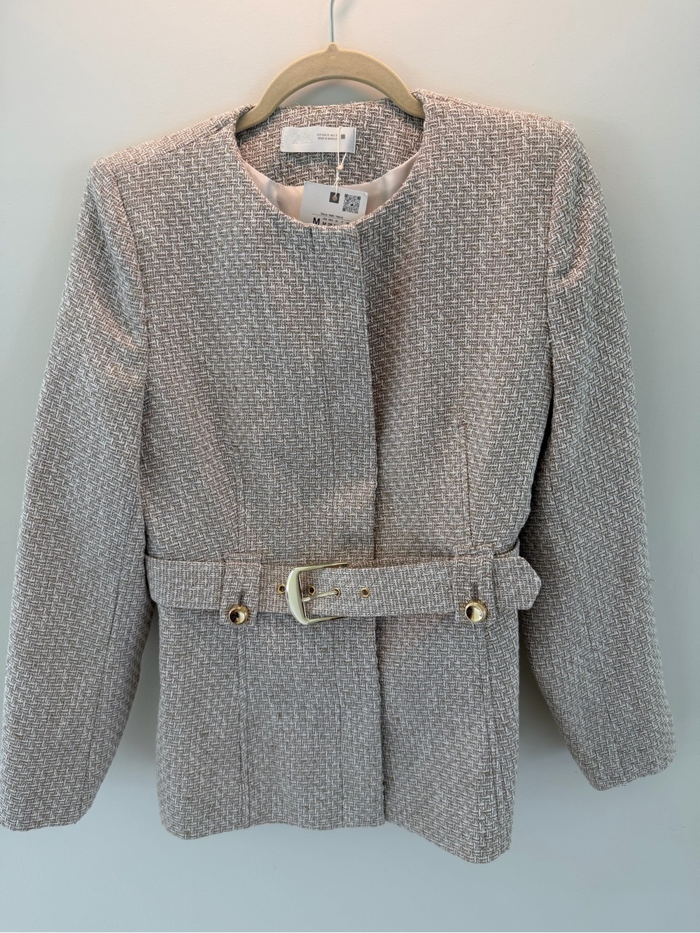 Zara Textured Belted Blazer in Cream - Picture 5 of 9